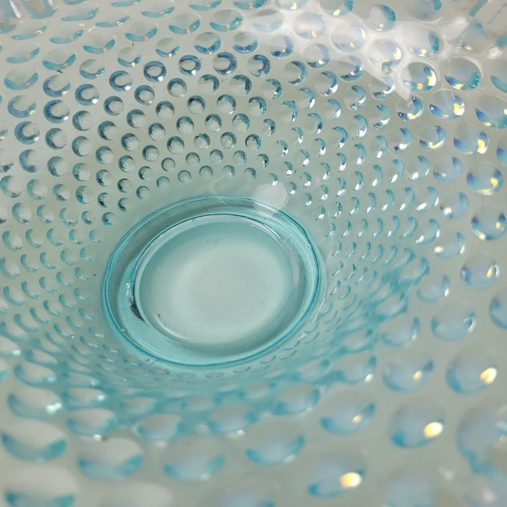 Fenton Blue Hobnail Opalescent Glass Basket Ruffled Edge Twisted Handle 10